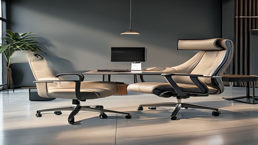 Ergonomic executive office furniture set for home workspace, including adjustable chair and desk.
